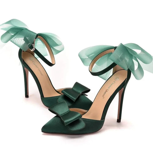 Women Summer Banquet Sexy Sandals Ladies Point Toe Bowknot Silk Satin High Heels Stilettos