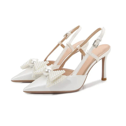 Women Summer Casual Slingback High Heels Sandals Pearl Bowknot Clip Wedding Shoes For Bridals