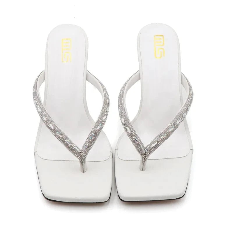 Women Summer Casual Transparent Block Heels Rhinestone Flip Flops Heeled Sandals