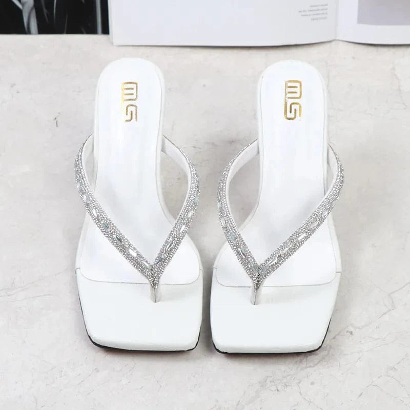 Women Summer Casual Transparent Block Heels Rhinestone Flip Flops Heeled Sandals