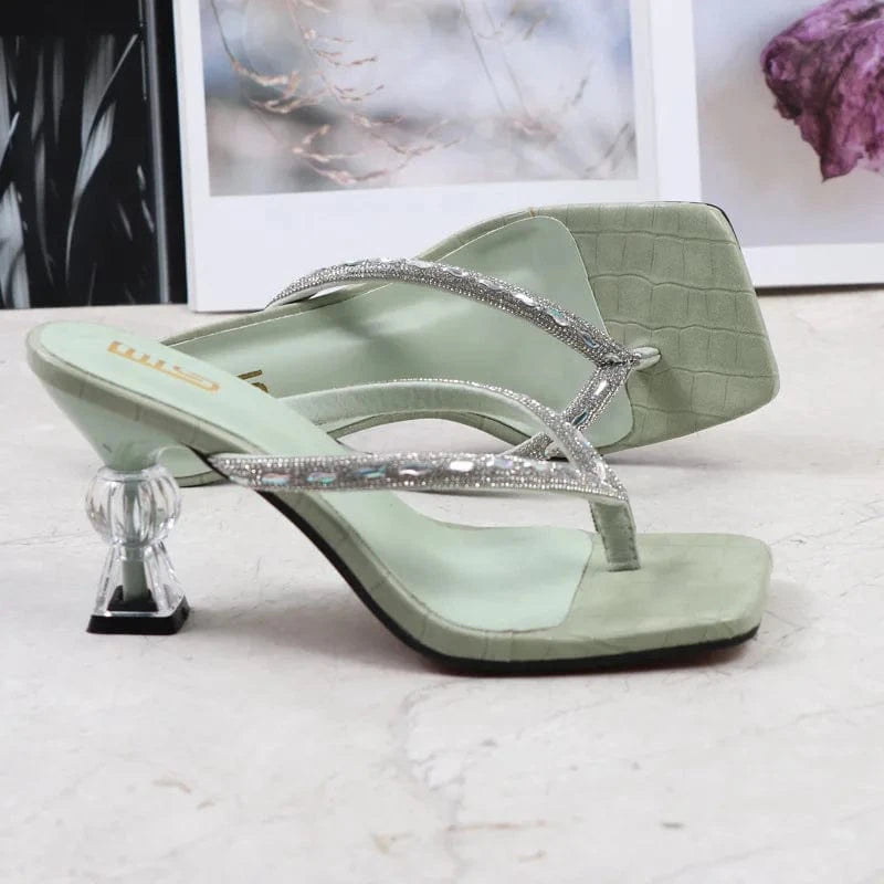 Women Summer Casual Transparent Block Heels Rhinestone Flip Flops Heeled Sandals