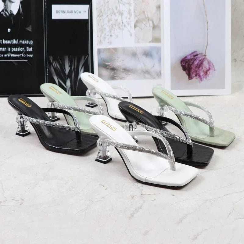 Women Summer Casual Transparent Block Heels Rhinestone Flip Flops Heeled Sandals