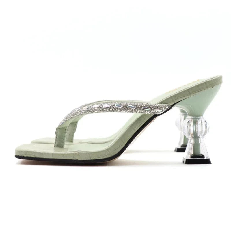 Women Summer Casual Transparent Block Heels Rhinestone Flip Flops Heeled Sandals