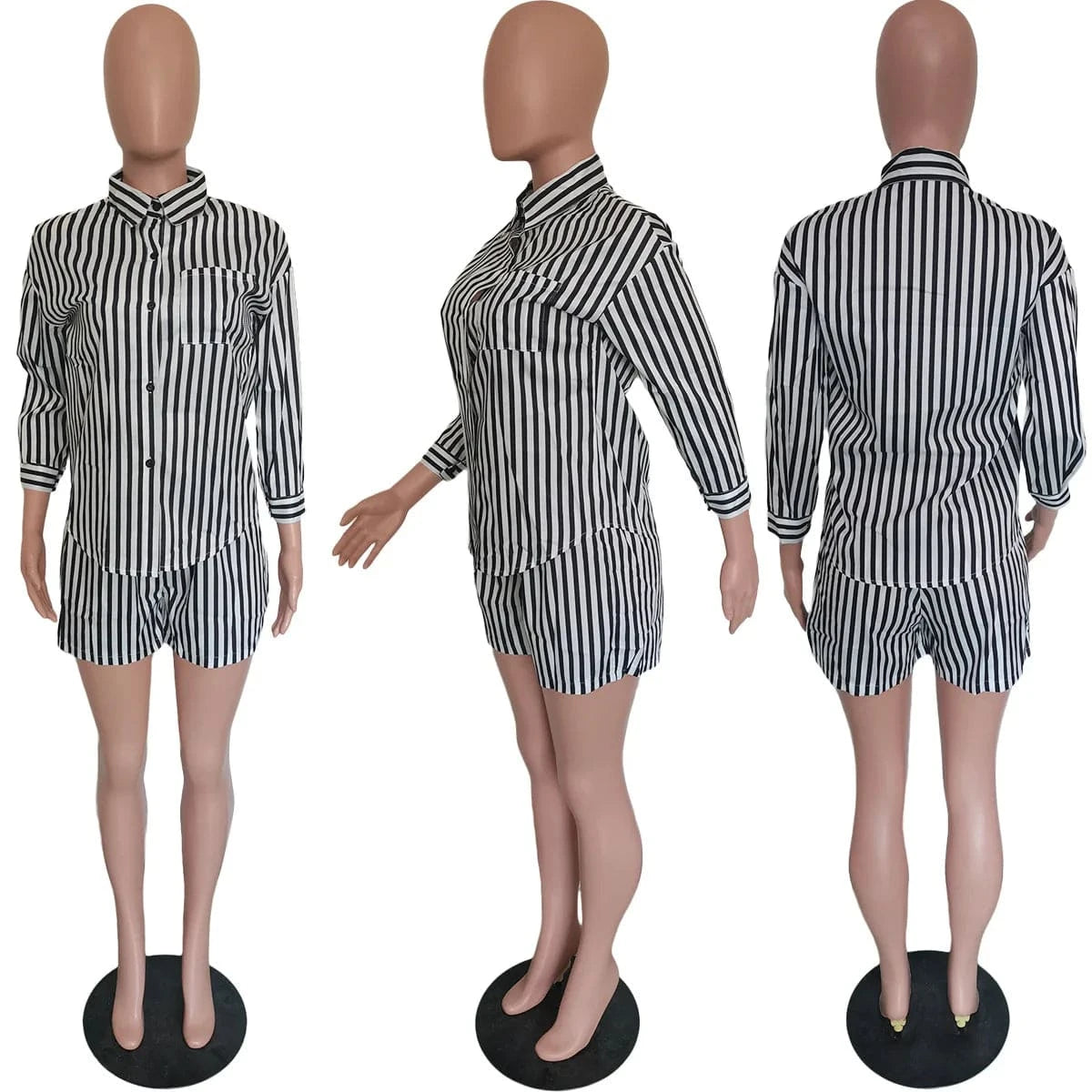 Women Summer Clothing Sexy Cardigan Loose Stripe Shirt Blouse and Pants Set
