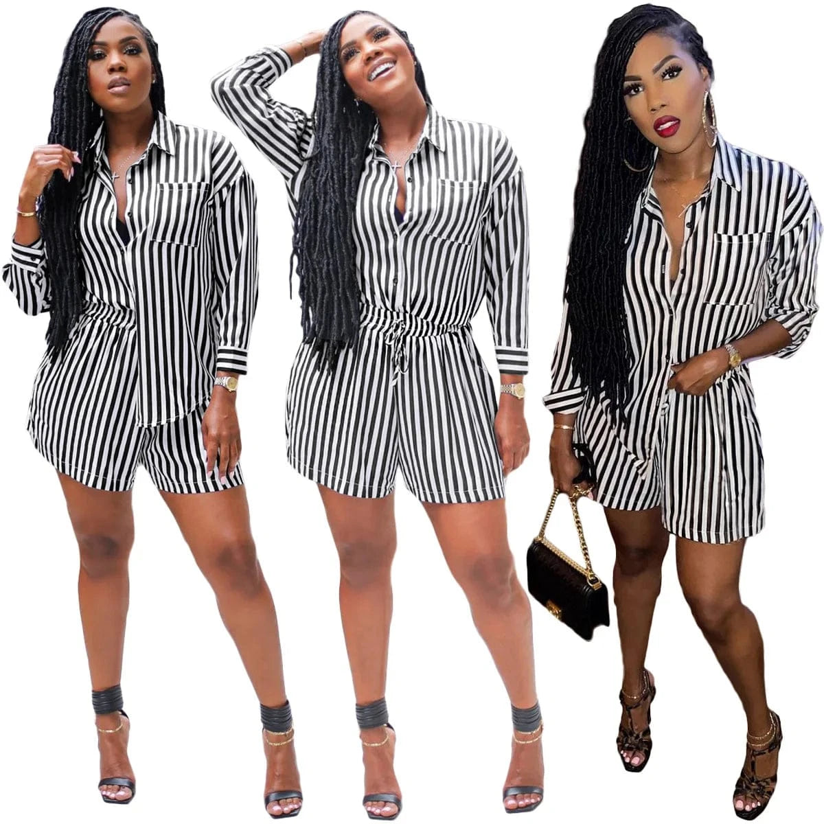 Women Summer Clothing Sexy Cardigan Loose Stripe Shirt Blouse and Pants Set