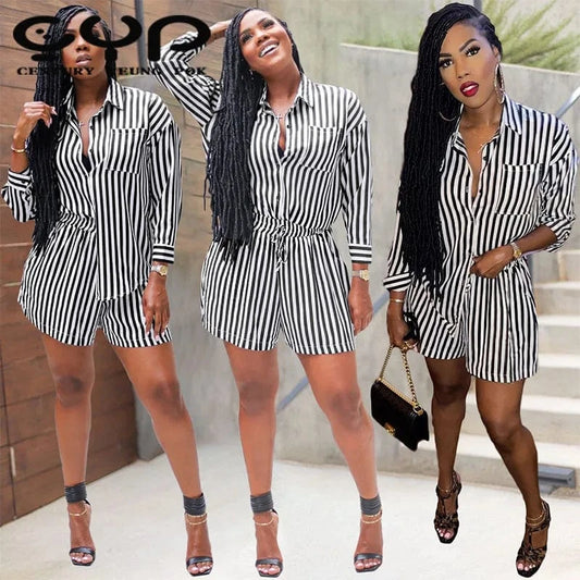 Women Summer Clothing Sexy Cardigan Loose Stripe Shirt Blouse and Pants Set