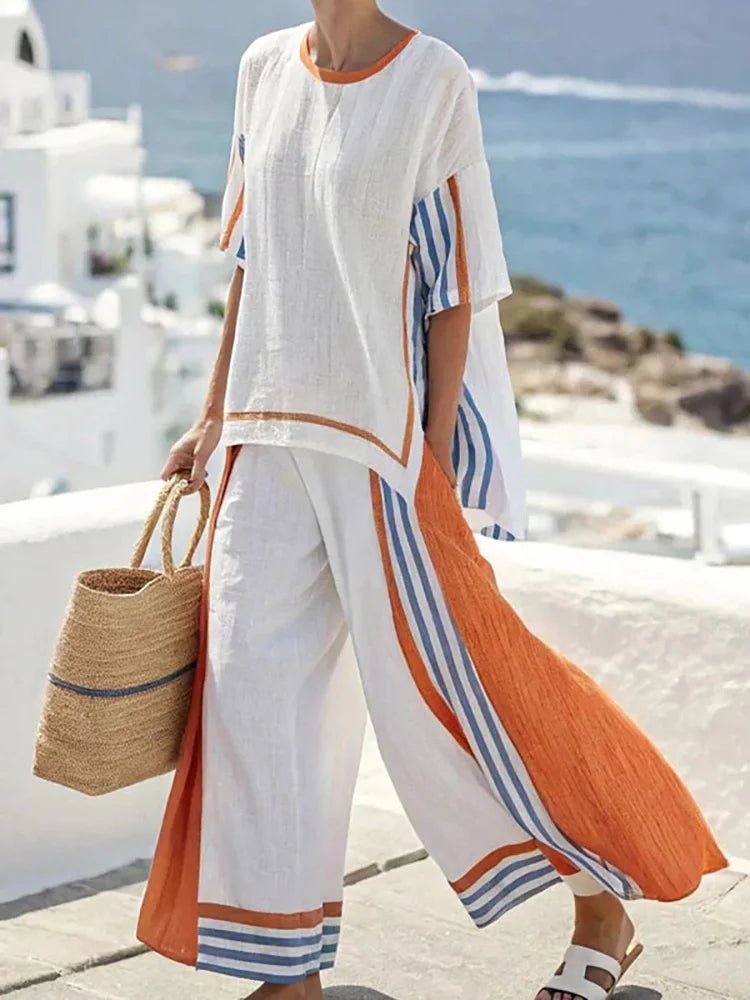 Women Summer Loungewear Suits Printing Loose Wide Leg Pants 2PCS Matching Set Half Sleeve O - Neck Pullover Top Outfit Streetwear - SN Wigs & More
