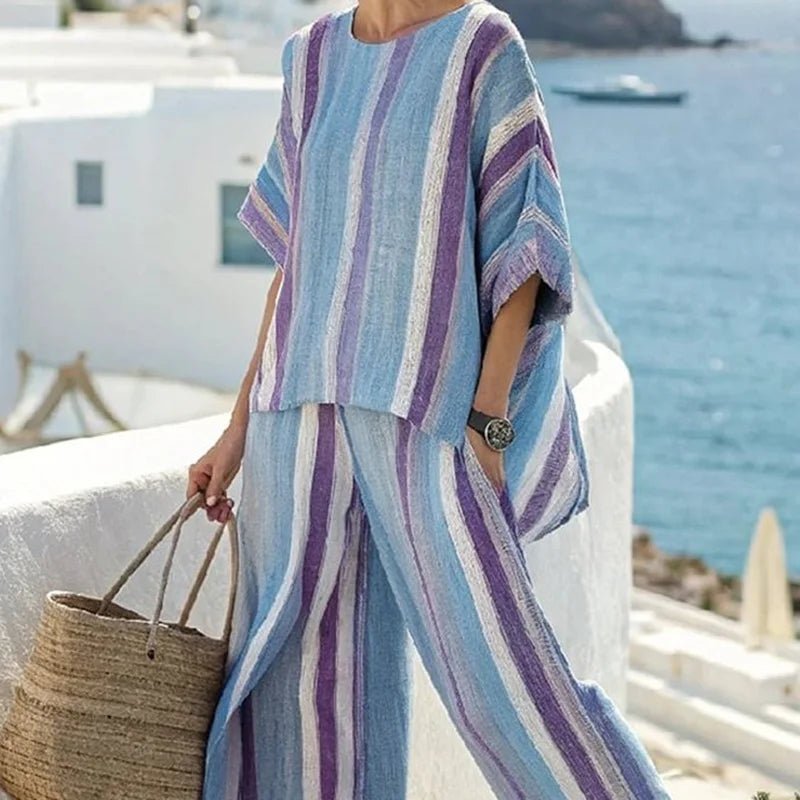 Women Summer Loungewear Suits Printing Loose Wide Leg Pants 2PCS Matching Set Half Sleeve O - Neck Pullover Top Outfit Streetwear - SN Wigs & More