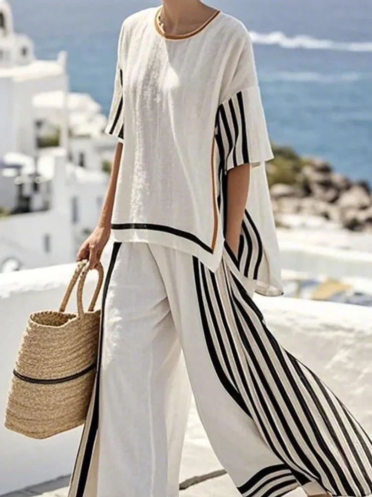 Women Summer Loungewear Suits Printing Loose Wide Leg Pants 2PCS Matching Set Half Sleeve O - Neck Pullover Top Outfit Streetwear - SN Wigs & More