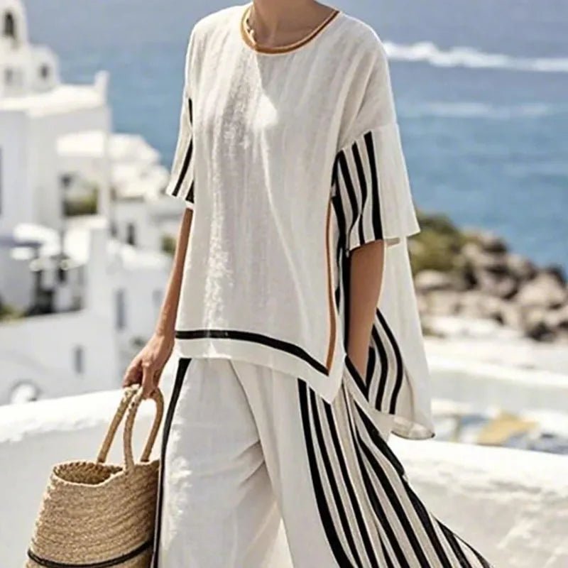Women Summer Loungewear Suits Printing Loose Wide Leg Pants 2PCS Matching Set Half Sleeve O - Neck Pullover Top Outfit Streetwear - SN Wigs & More