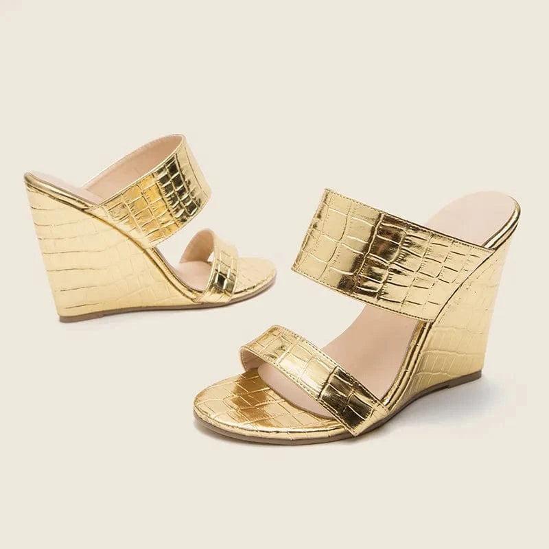 Women Summer Luxury Gold Wedge Sandals Heels T-strap Serpentine High Heels Slippers Ladies Chunky Fashion Heels