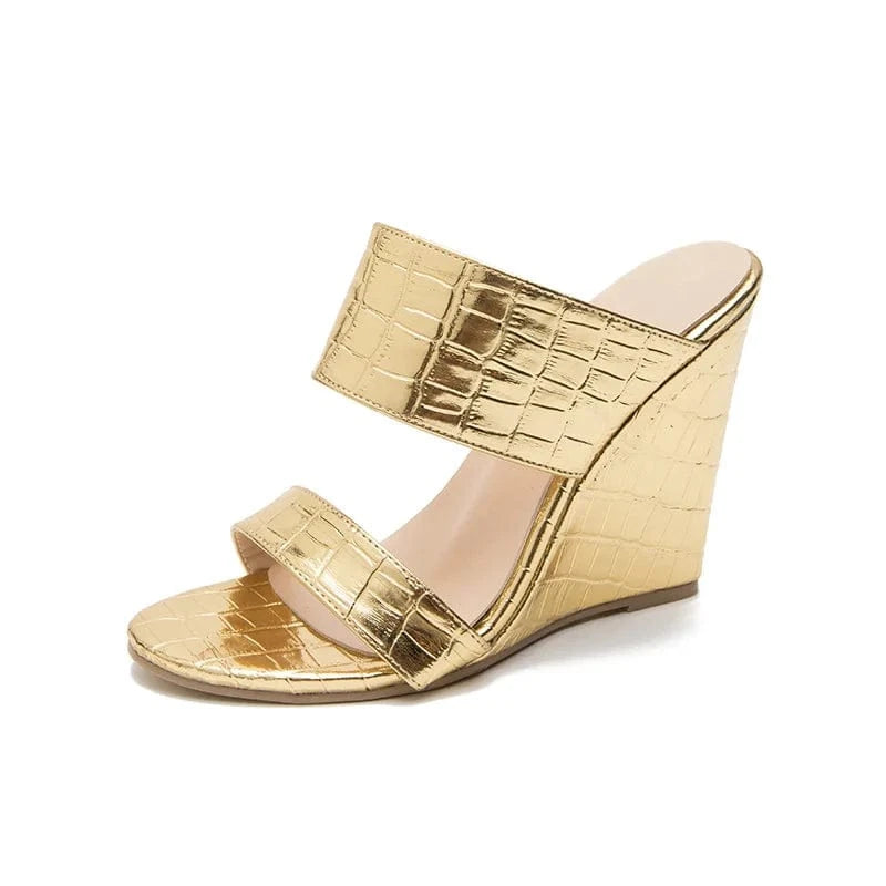 Women Summer Luxury Gold Wedge Sandals Heels T-strap Serpentine High Heels Slippers Ladies Chunky Fashion Heels