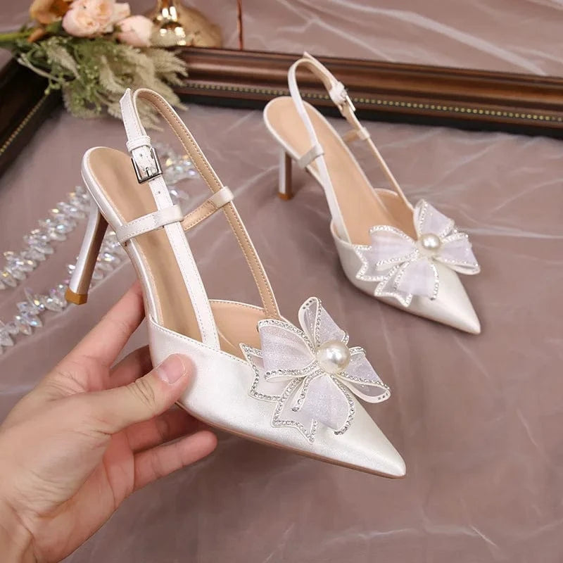 Women Summer Luxury Wrap Toe High Heels Sandals Ladies Slingback Bowknot Pointed Toe Bridals Wedding Shoes Banquets Party