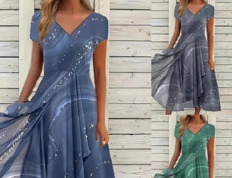 Women Summer New Dress Casual Fashion Chiffon Splicing Short Sleeve V Neck High Waist Dress