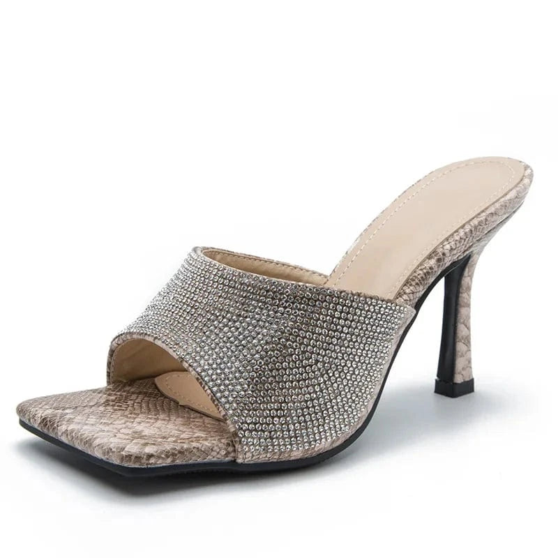 Women Summer New High Heels Stilettos Square-toe Rhinestone Sexy Outside Sandal Slippers for Female