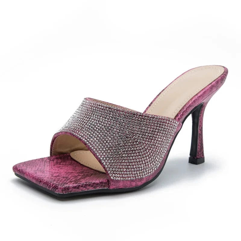 Women Summer New High Heels Stilettos Square-toe Rhinestone Sexy Outside Sandal Slippers for Female
