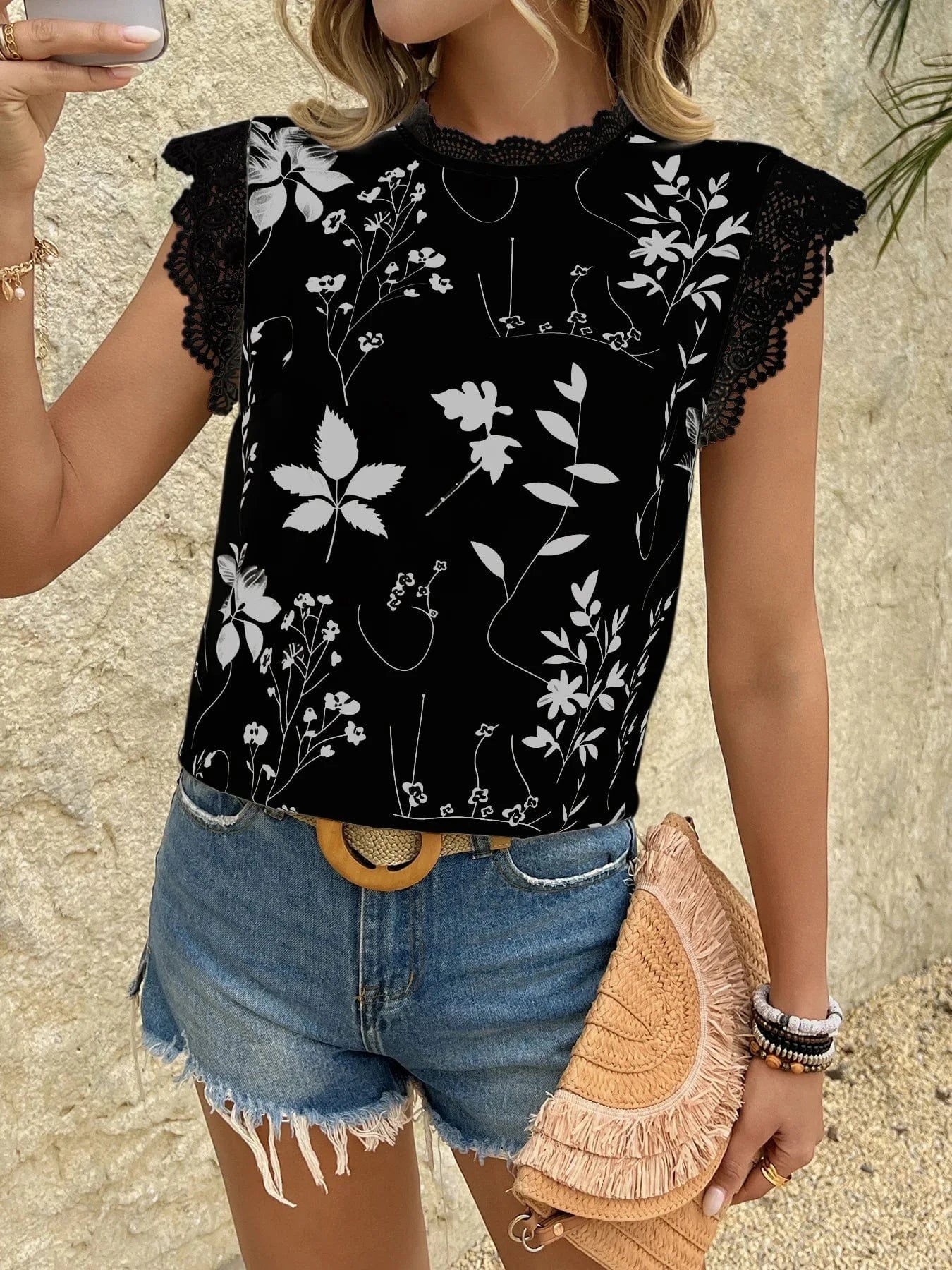 Women Summer New Lace Splicing Sleeveless Shirt Top Sexy Fashion Cami Tank Tops