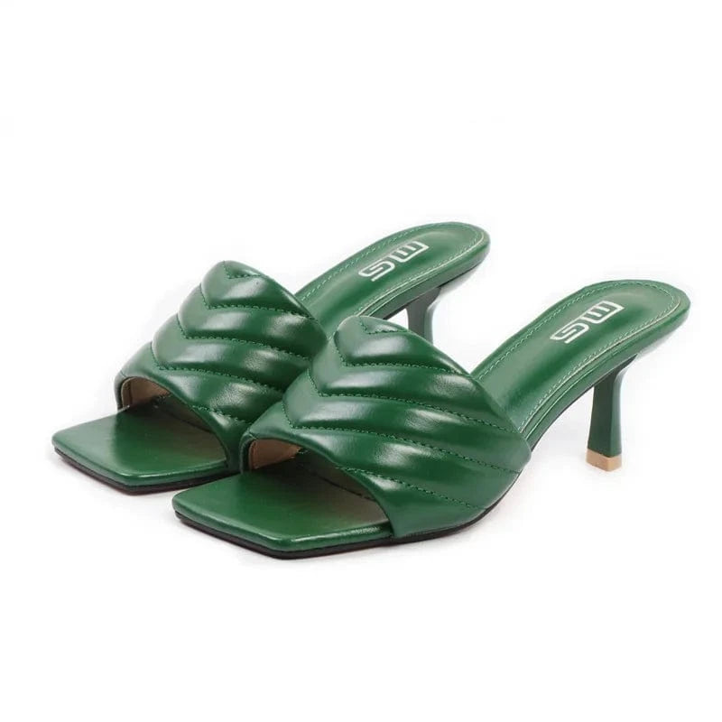 Women Summer Outside Mule Sandal Fashion Square Toe T-strap Solid Color Female High Heels Stilettos