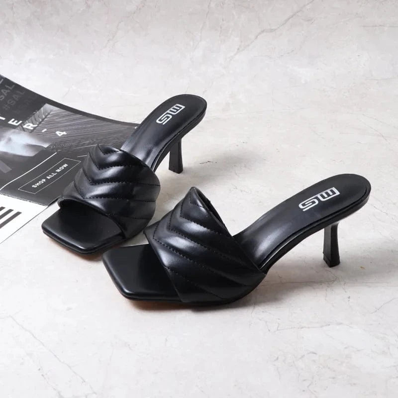 Women Summer Outside Mule Sandal Fashion Square Toe T-strap Solid Color Female High Heels Stilettos