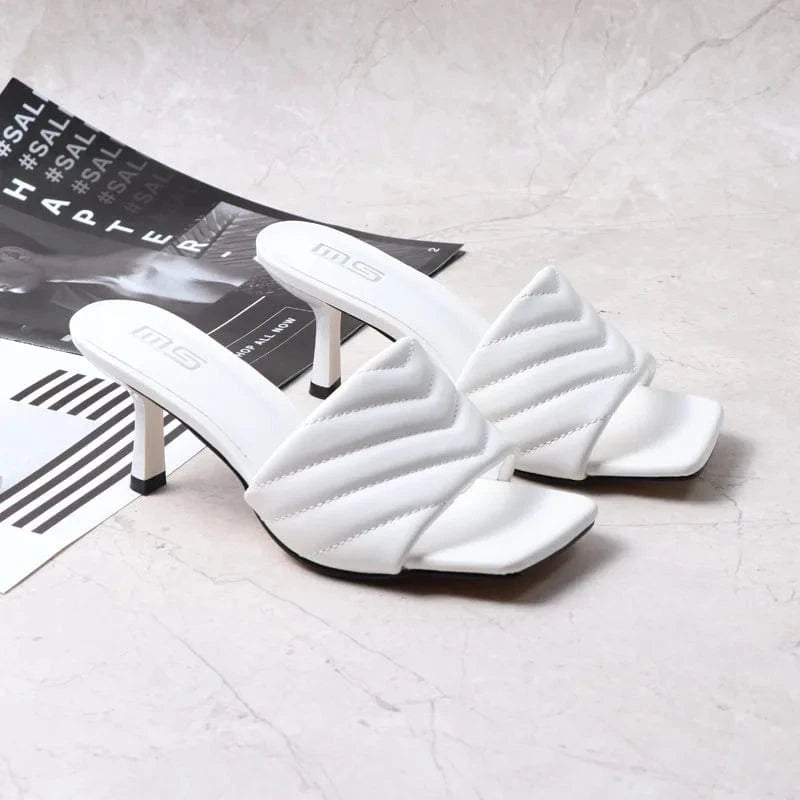 Women Summer Outside Mule Sandal Fashion Square Toe T-strap Solid Color Female High Heels Stilettos