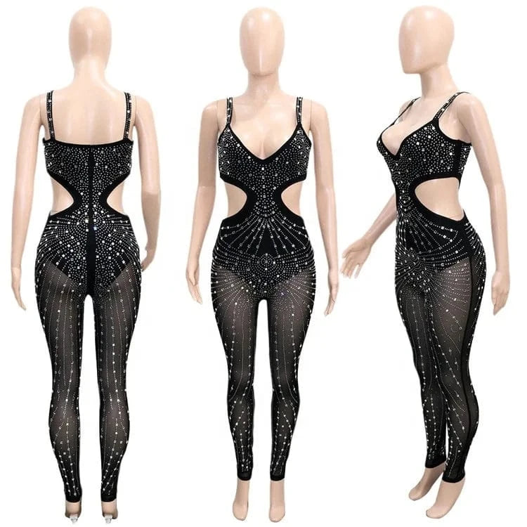 Women Summer Patchwork Hollow Out Rhinestones Sleeveless Tight Clubwear Sexy Overalls