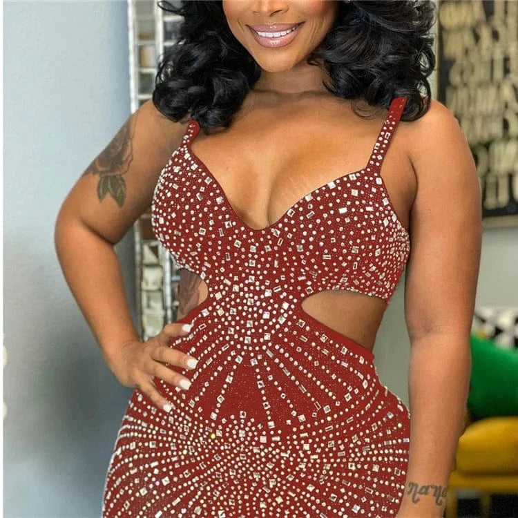 Women Summer Patchwork Hollow Out Rhinestones Sleeveless Tight Clubwear Sexy Overalls