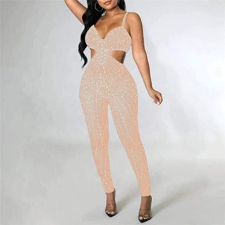 Women Summer Patchwork Hollow Out Rhinestones Sleeveless Tight Clubwear Sexy Overalls