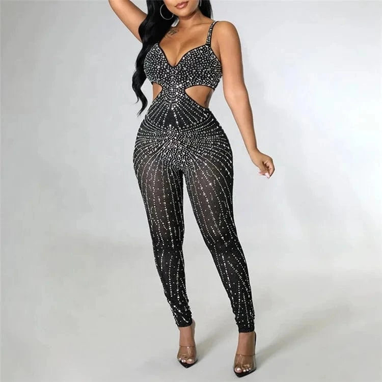 Women Summer Patchwork Hollow Out Rhinestones Sleeveless Tight Clubwear Sexy Overalls