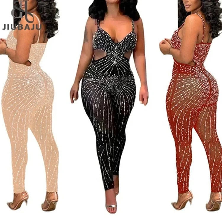 Women Summer Patchwork Hollow Out Rhinestones Sleeveless Tight Clubwear Sexy Overalls