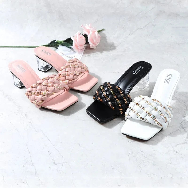 Women Summer Peep Toe Square Block Heels Sandals Transparent Heels Slippers