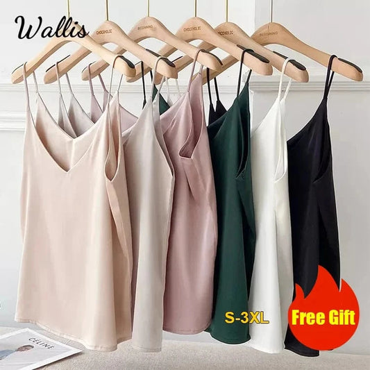 Women Summer Silk-Like Satin Tank Top Camisole Ladies Bottoming Shirt Sexy V-Neck Plain Camis 2024