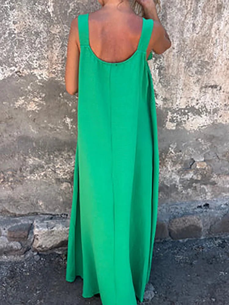 Women Summer Sleeveless Patchwork Party Dress, Solid O Neck Simple Fashion Maxi Dress, 2025 Loose Elegant Ladies Dress Vestidos - SN Wigs & More