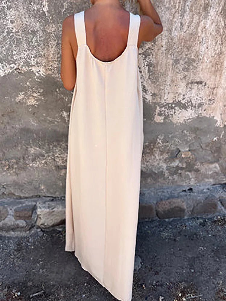 Women Summer Sleeveless Patchwork Party Dress, Solid O Neck Simple Fashion Maxi Dress, 2025 Loose Elegant Ladies Dress Vestidos - SN Wigs & More