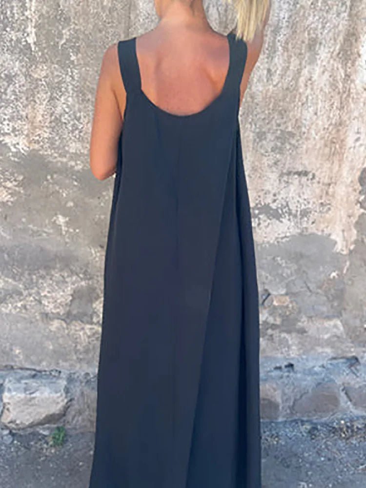 Women Summer Sleeveless Patchwork Party Dress, Solid O Neck Simple Fashion Maxi Dress, 2025 Loose Elegant Ladies Dress Vestidos - SN Wigs & More