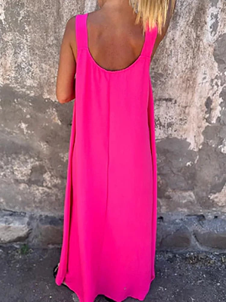 Women Summer Sleeveless Patchwork Party Dress, Solid O Neck Simple Fashion Maxi Dress, 2025 Loose Elegant Ladies Dress Vestidos - SN Wigs & More