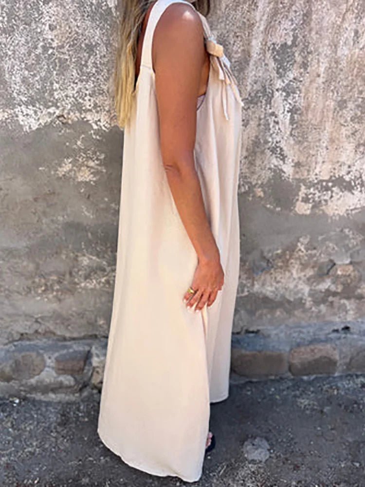 Women Summer Sleeveless Patchwork Party Dress, Solid O Neck Simple Fashion Maxi Dress, 2025 Loose Elegant Ladies Dress Vestidos - SN Wigs & More