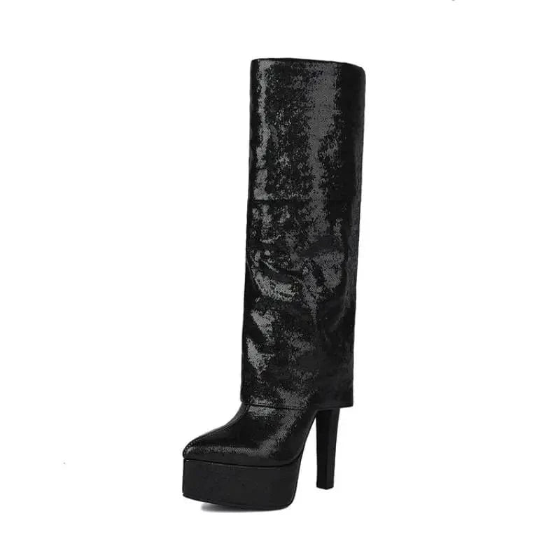 Women US10/EU42 / Black Shiny Bling Style Botas Mujer Cut Pants Thick Sole Sexy Stilettos Knee High Women Custom Platform Boots
