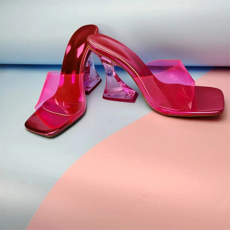 Women US10 /Eur42 / Rose YQY0262 Fashion Color Crystal High Heeled Sandals Transparent Heel Color Square Shoes PVC Ladies Slippers Heels For Women
