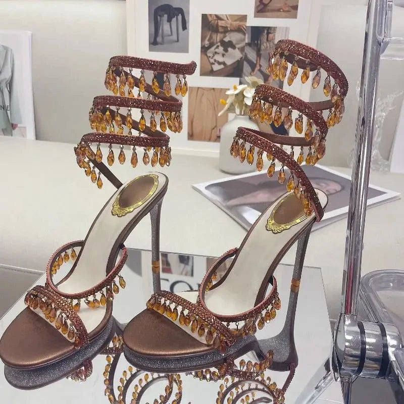 Women US11/EU43 / Brown Ankle Wrap New Trend Tacones De Mujer Ankle Strap Custom Shoes Women Stretch Wire Heels