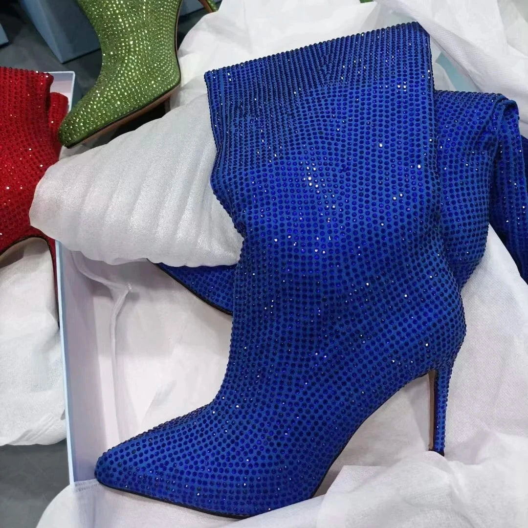 Women US11/EU43 / Dark Blue Large Size Diamond Crystal Rhinestone Comfortable Tube Stilettos Knee High Women's Boots