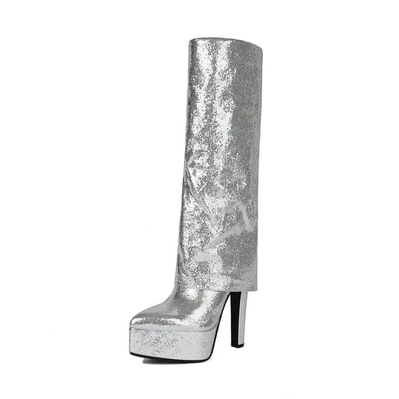 Women US11/EU43 / silver Shiny Bling Style Botas Mujer Cut Pants Thick Sole Sexy Stilettos Knee High Women Custom Platform Boots