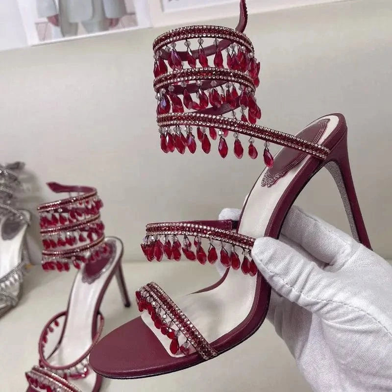 Women US11/EU43 / Wine Red Ankle Wrap New Trend Tacones De Mujer Ankle Strap Custom Shoes Women Stretch Wire Heels