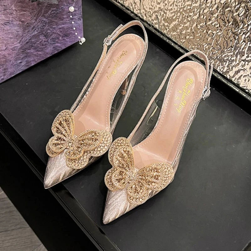 Women US3/EU33 / Champagne(6CM) Butterfly Talon Pour Femm nouveau Slingback Sandals Rhinestone Sexy New Heels for Women