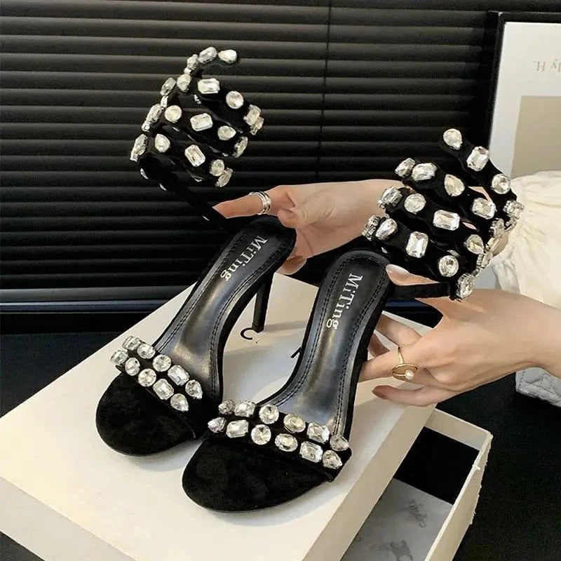 Women US4.5/EU35 / Black Ankle Chain Summer Open Toe Sexy Club Trendy Wrap Around 2024 Gold Heels