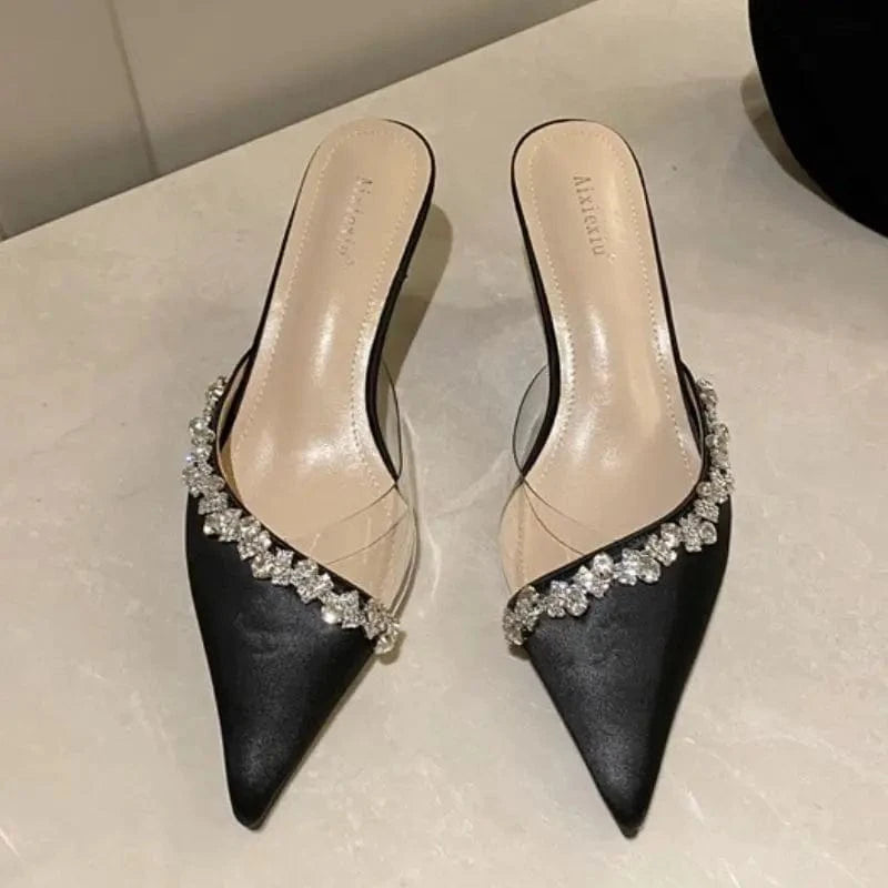 Women US4.5/EU35 / Black Crystal Rhinestone Dames Schoenen Stiletto Pumps Fashion Glass Transparent Women Heels Shoes for Lady