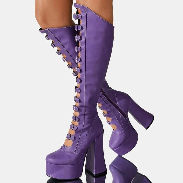 Women US4.5/EU35 / Purple Chunky Heel Botas Altas Fashion Sexy Platform Knee High Women's Boots