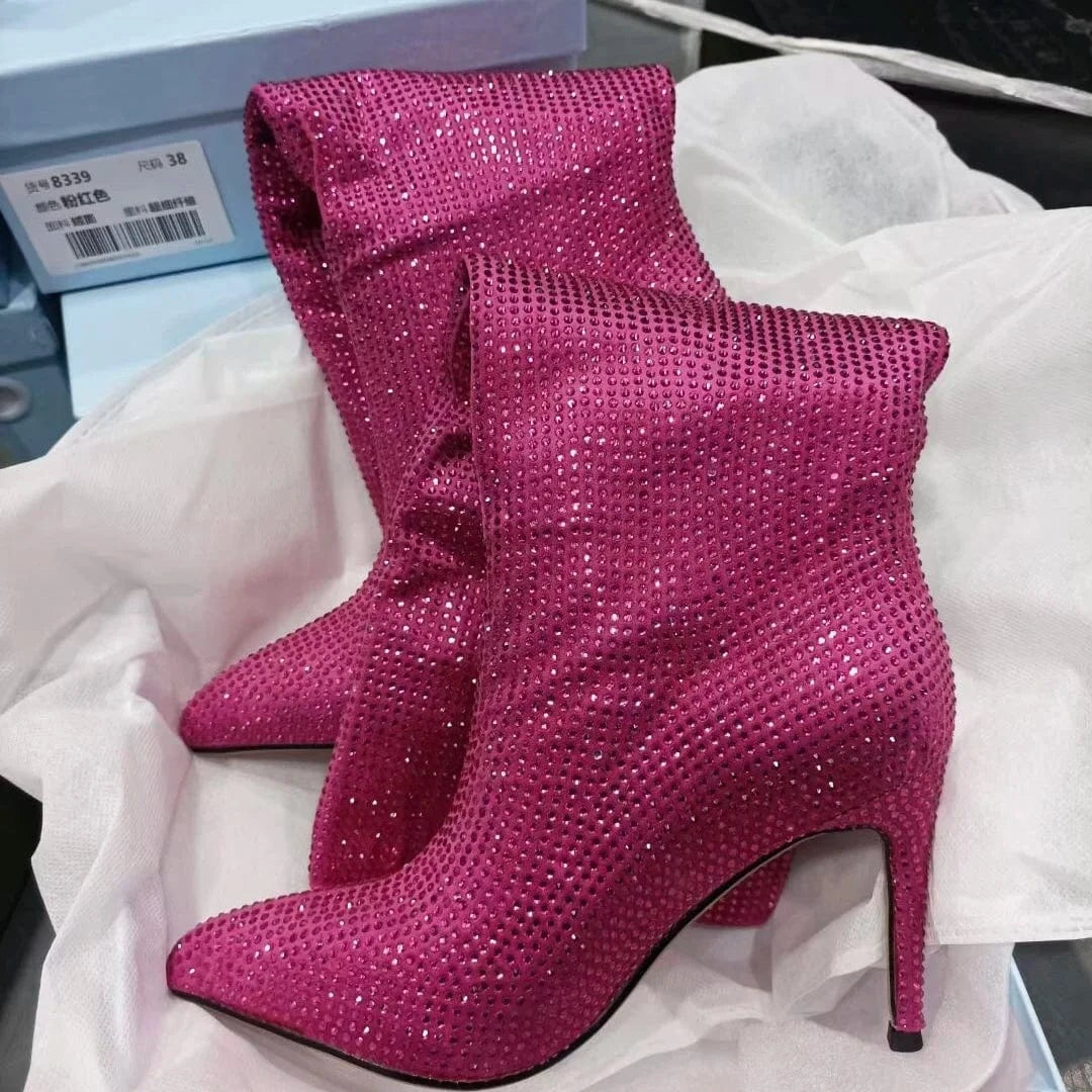 Women US4.5/EU35 / Rosy Large Size Diamond Crystal Rhinestone Comfortable Tube Stilettos Knee High Women's Boots