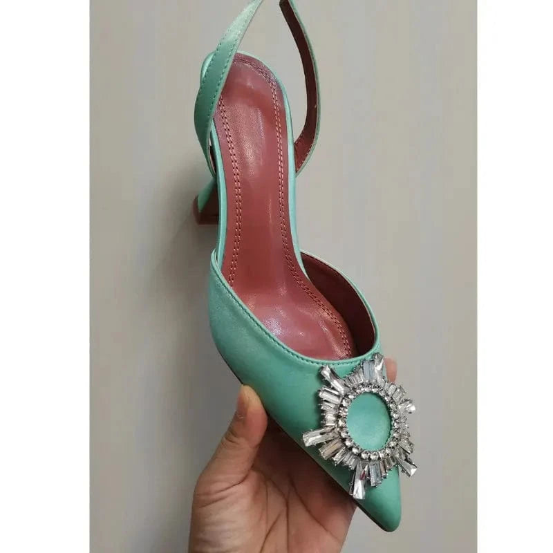 Women US4/EU34 / Green Zapatos De Mujer Elegante Dropshipping Luxury Rhinestone Diamond Kitten Slingback Sandals Shoes Women Heel for Ladies