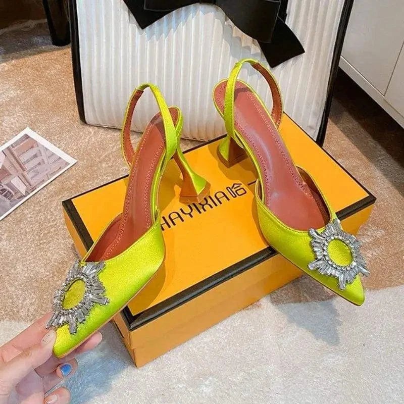 Women US4/EU34 / Neon Green Zapatos De Mujer Elegante Dropshipping Luxury Rhinestone Diamond Kitten Slingback Sandals Shoes Women Heel for Ladies