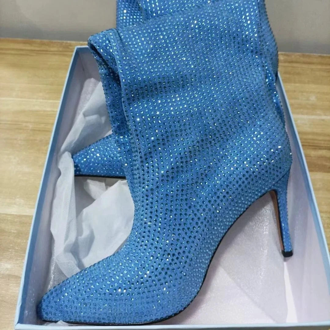 Women US4/EU34 / Sky Blue Large Size Diamond Crystal Rhinestone Comfortable Tube Stilettos Knee High Women's Boots